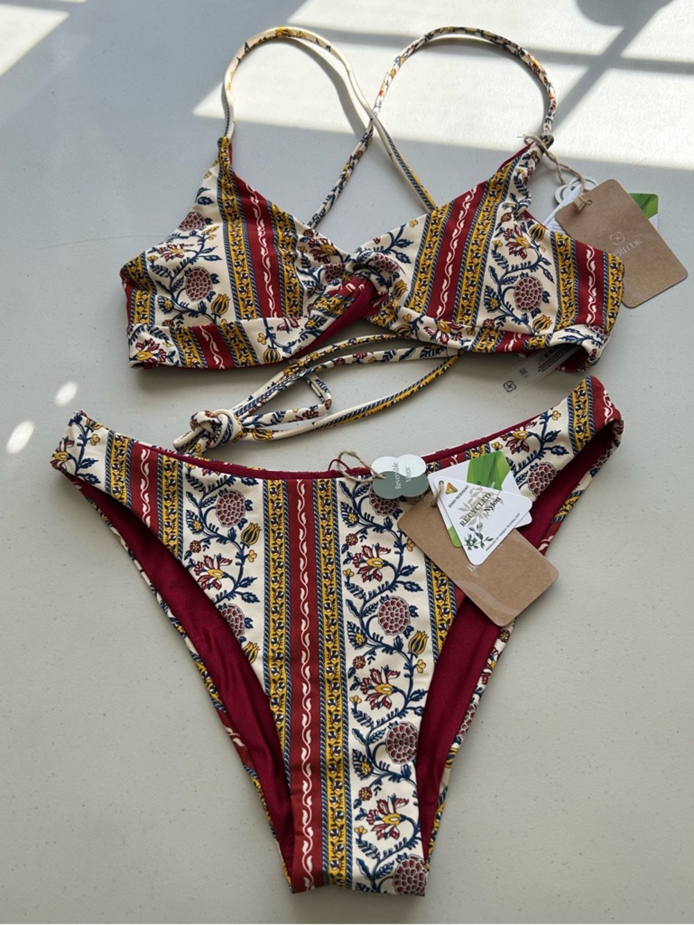 Berlook Bikini Set Medium Reversible Floral Burgundy Twist Front Top Swimwear